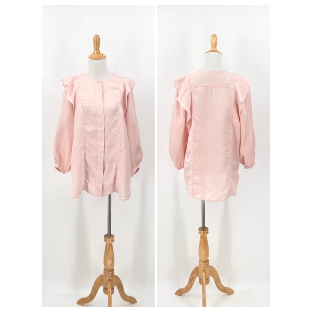 Weekend Max Mara Blouse Womens 10 Pink Ruffle Linen Button Up Long Sleeve